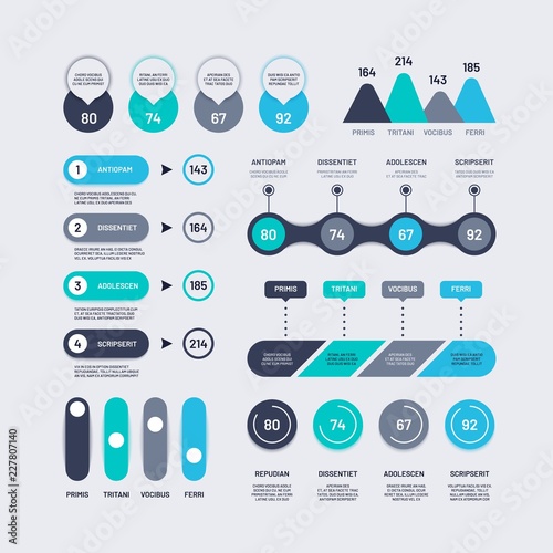 Infographic elements. Bar graphs timelines circle diagram flowchart with percents, number chart and icons. Business vector infographics. Economic chart information, graph and diagram illustration