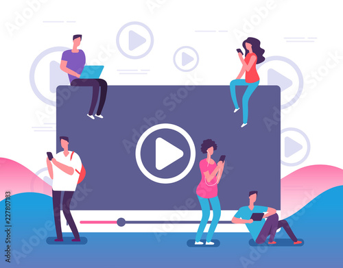 People watching online video. Digital internet television, web videos player or social media live stream vector concept illustration. Online video stream, play and watching movie