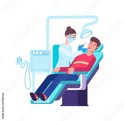 Dentist and patient. Doctor checking patients mouth. Teeth examination and dentistry vector concept. Illustration of dentist clinic, patient and dentistry doctor