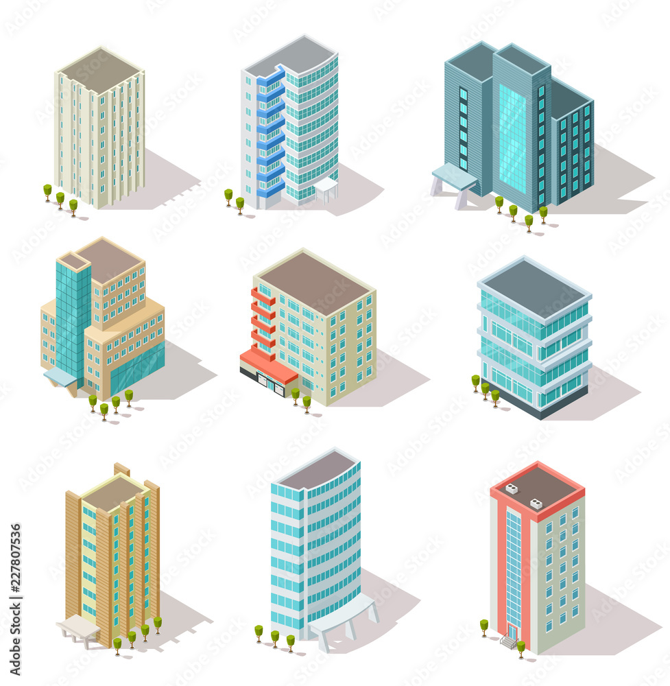 Isometric buildings. Business offices, apartment houses, skyscrapers for infographic city map, architectural landscape. 3d vector set. Illustration of skyscraper building, house city isometric