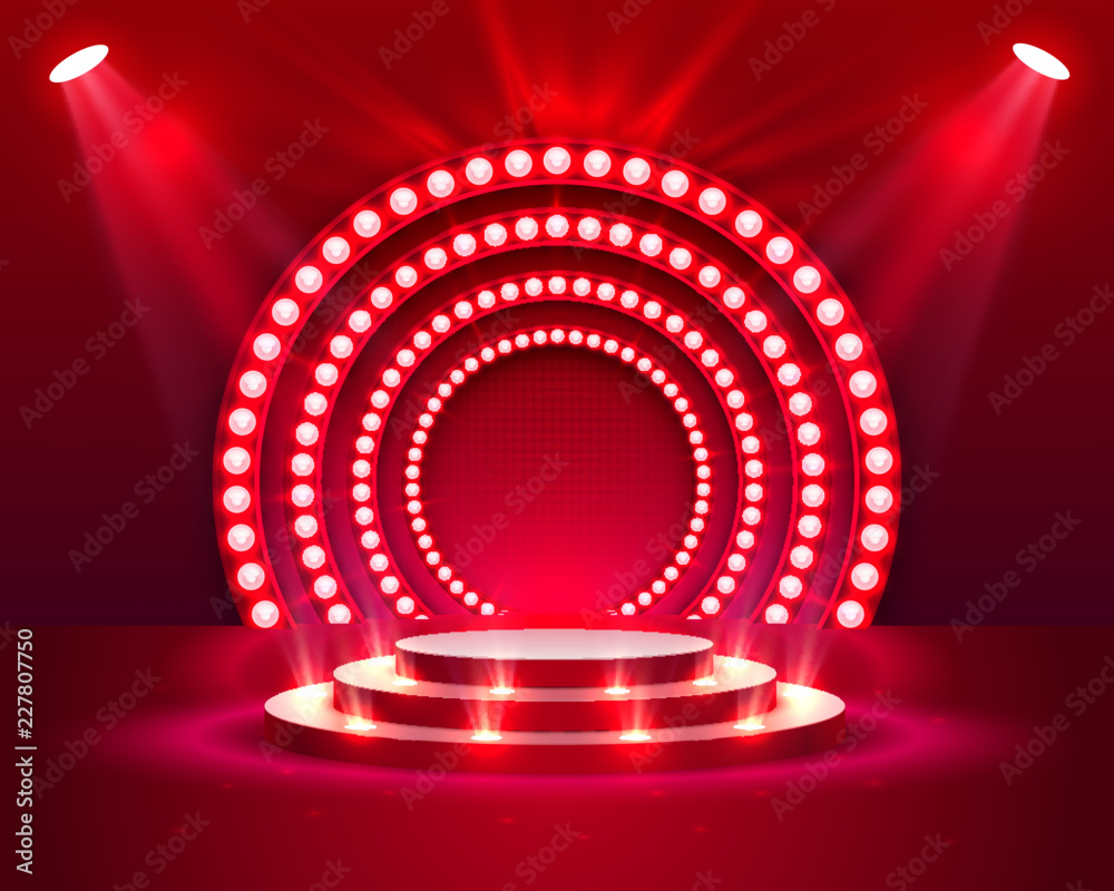 Stage podium with lighting, Stage Podium Scene with for Award Ceremony on red Background, Vector illustration - obrazy, fototapety, plakaty 