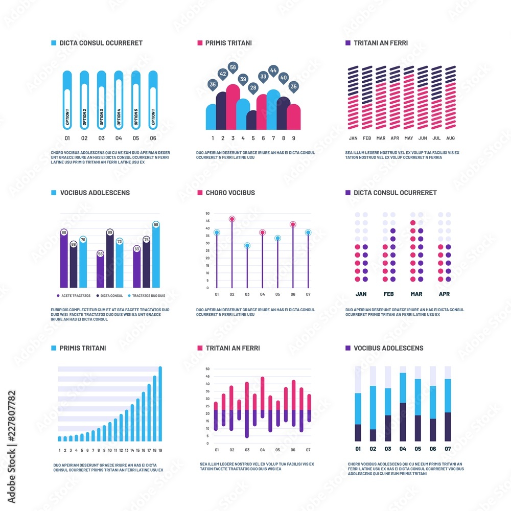 Infographics. Marketing graphs financial histogram, bar chart. Statistic charts and stock infocharts. Infographic vector set. Business chart for presentation, data and graph diagram illustration