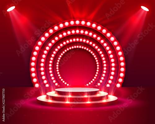 Stage podium with lighting, Stage Podium Scene with for Award Ceremony on red Background, Vector illustration