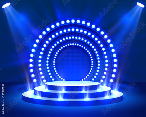 Stage podium with lighting, Stage Podium Scene with for Award Ceremony on blue Background, Vector illustration