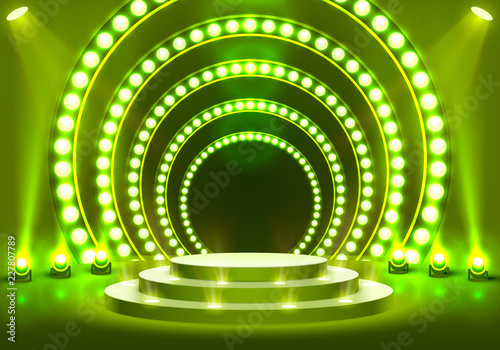 Stage podium with lighting, Stage Podium Scene with for Award Ceremony on green Background, Vector illustration