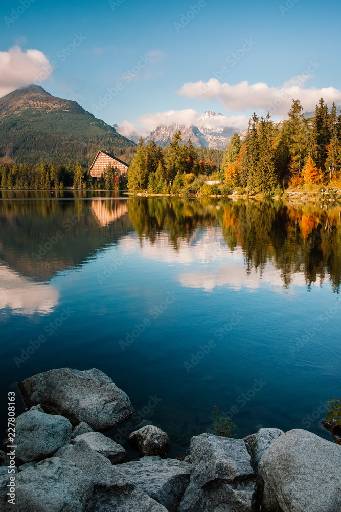 Shtrbske pleso (lake) in autumn. Slovakia High Tatras mountains landscape.