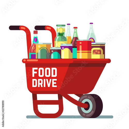 Food drive bank thanksgiving and christmas holiday donation vector concept. Wheelbarrow with canned goods and drinks. Illustration of drink and sauce, concern and canned goods