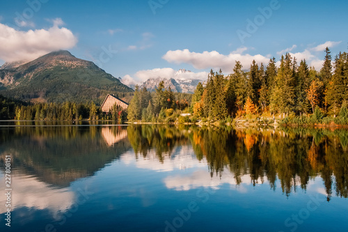 Shtrbske pleso (lake) in autumn. Slovakia High Tatras mountains landscape.