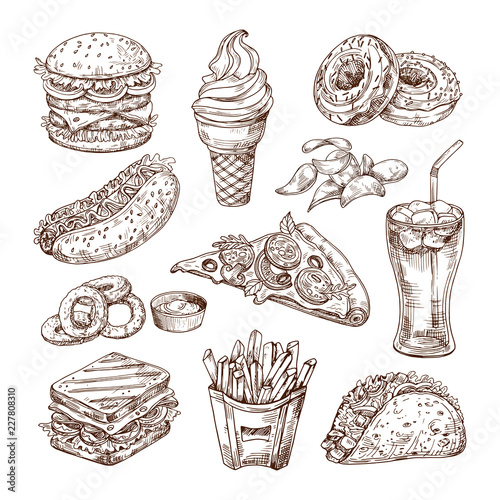 Sketch fast food. Burger hot dog, sandwich snacks, chips and ice cream, cola pizza. Hand drawn fast food vector set. Hamburger and pizza, sandwich food, menu fast food illustration