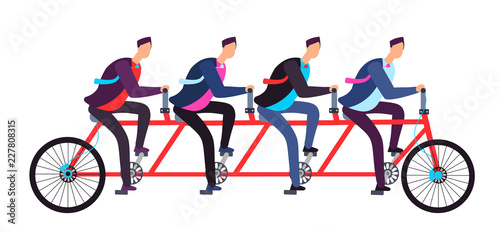 Business people riding on tandem bicycle. Team coordination. Successful business teamwork and leadership vector concept. Illustration of teamwork bicycle tandem transportation to goal