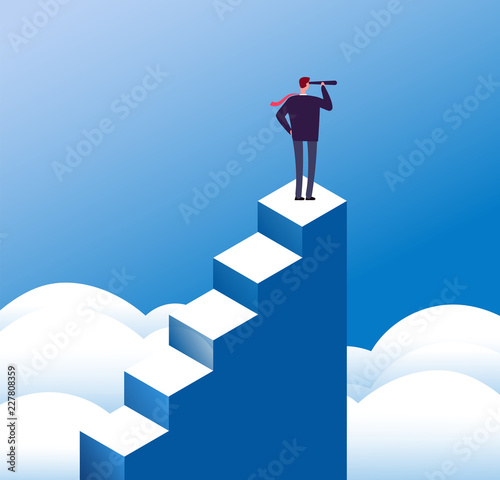 Business vision concept. Visionary man looks in telescope at steps top. Opportunity and leadership and purpose. Mission vector poster. Leadership vision telescope, visionary and growth illustration