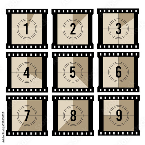 Movie countdown. Old projector film timer counter. Vector vintage filmstrip frames. Illustration of film negative video count time