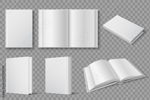Book mockup. Blank white closed and open books. Textbooks and brochures isolated vector template. Cover book, white textbook and brochure, open paperback illustration