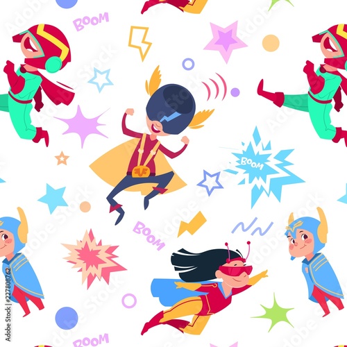 Superhero kids seamless pattern. Cartoon superheroes children. Flying hero super boys and girls vector endless texture. Superhero seamless pattern children costume boy and girl illustration