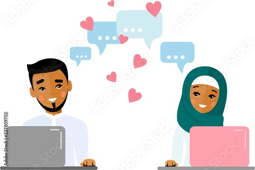 Cute cartoon illustration of arab people in love using computer and internet. Vector flat arabic lover concept on the computer screen sent a message of love.