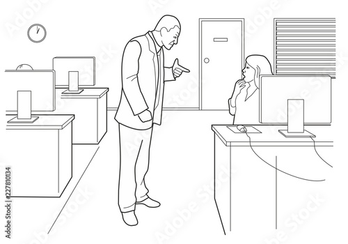 Cartoon business. Boss angry and woman afraid in open office. Black vector illustration isolated on white background