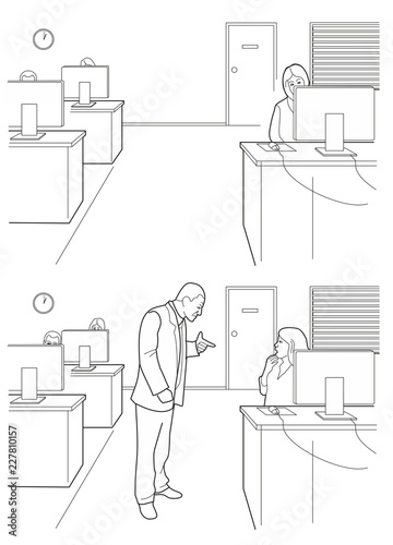 Cartoon business. Boss angry and woman afraid and stress fail. Black vector illustration isolated on white background.