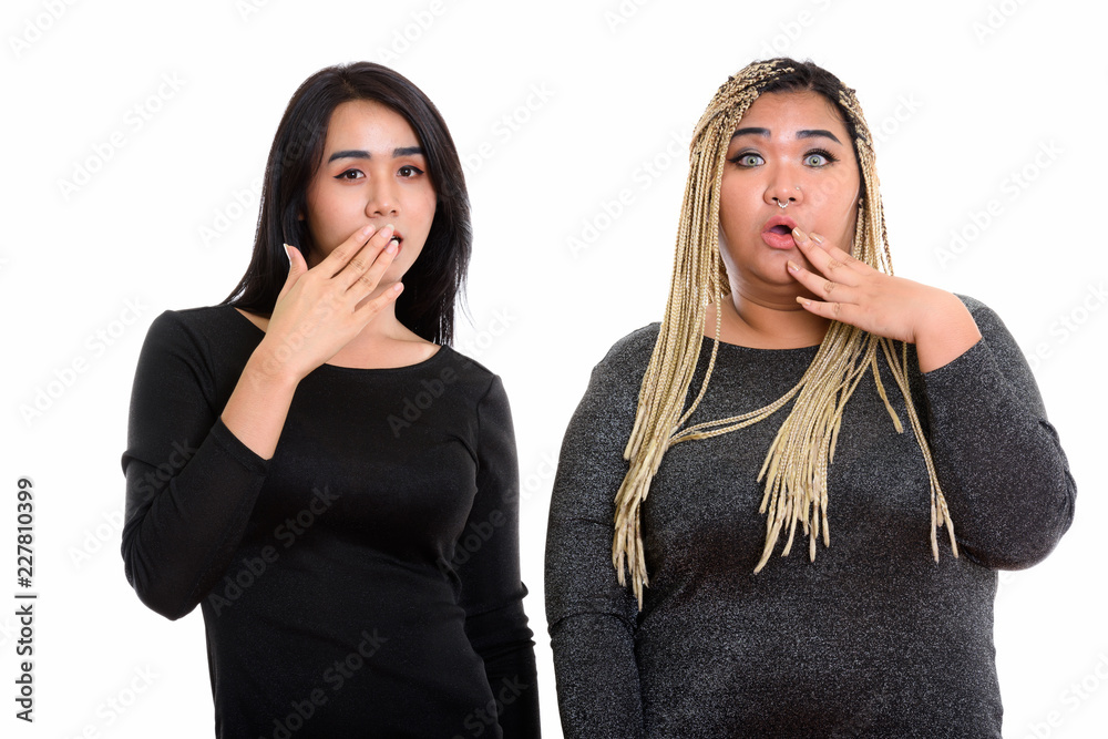 Young Asian transgender woman and fat Asian woman looking shocke Young Asian transgender woman and fat Asian woman looking shocke