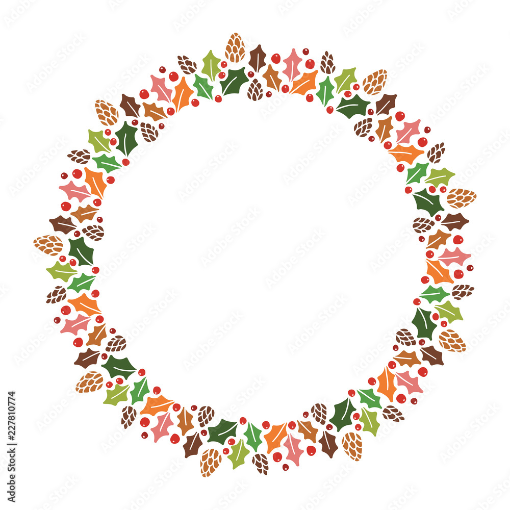 Christmas Hand Drawn Wreath with Round Frame for Cards Design Vector Layout with Copyspace Can be use for Decorative Kit, Invitations, Greeting Cards, Blogs, Posters, Merry X’mas and Happy New Year.