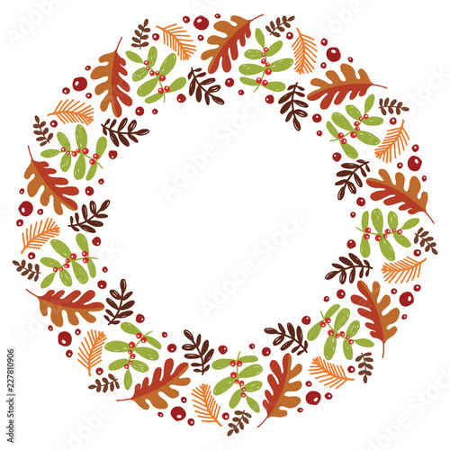 Christmas Hand Drawn Wreath with Round Frame for Cards Design Vector Layout with Copyspace Can be use for Decorative Kit, Invitations, Greeting Cards, Blogs, Posters, Merry X’mas and Happy New Year.