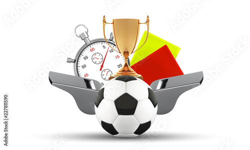 Soccer ball, whistle with a stopwatch, yellow and red card. Soccer set of icons with referees objects, trophy, ball, isolated on white background vector illustration.