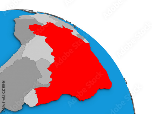 Brazil on simple blue political 3D globe.