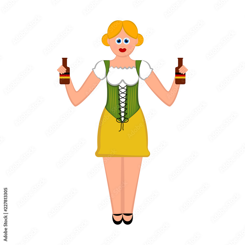 Cute girl with pair of beer bottles. Oktoberfest. Vector illustration design Cute girl with pair of beer bottles. Oktoberfest. Vector illustration design