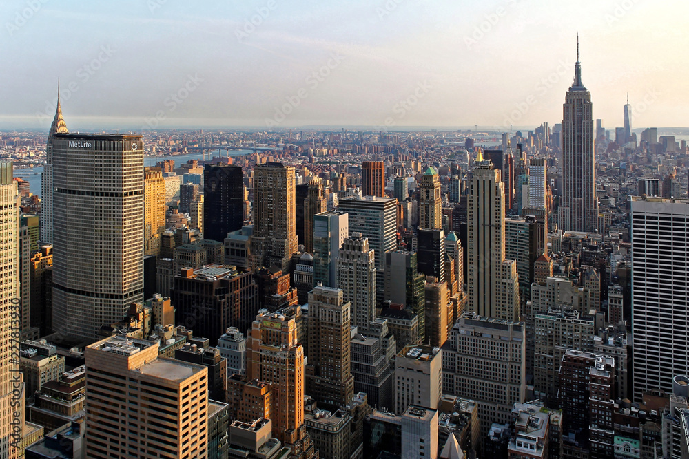 New York, USA - August 6, 2014: Aerial view of Manhattan Skyline and skyscrapers at sunset