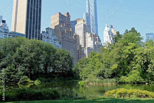 Central Park and buildings reflection in midtown Manhattan  New York City