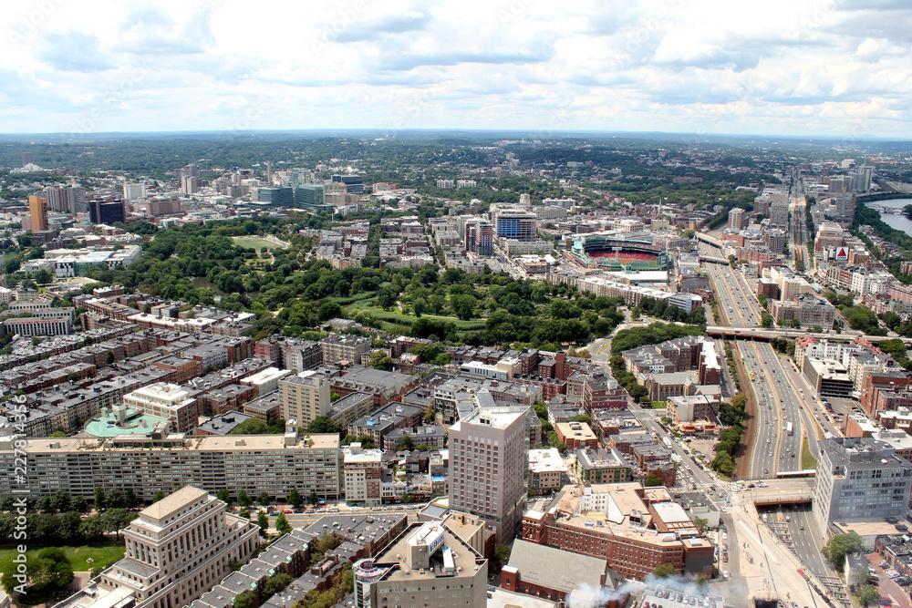 Boston, Massachusetts, USA city skyline aerial panorama view with urban buildings midtown