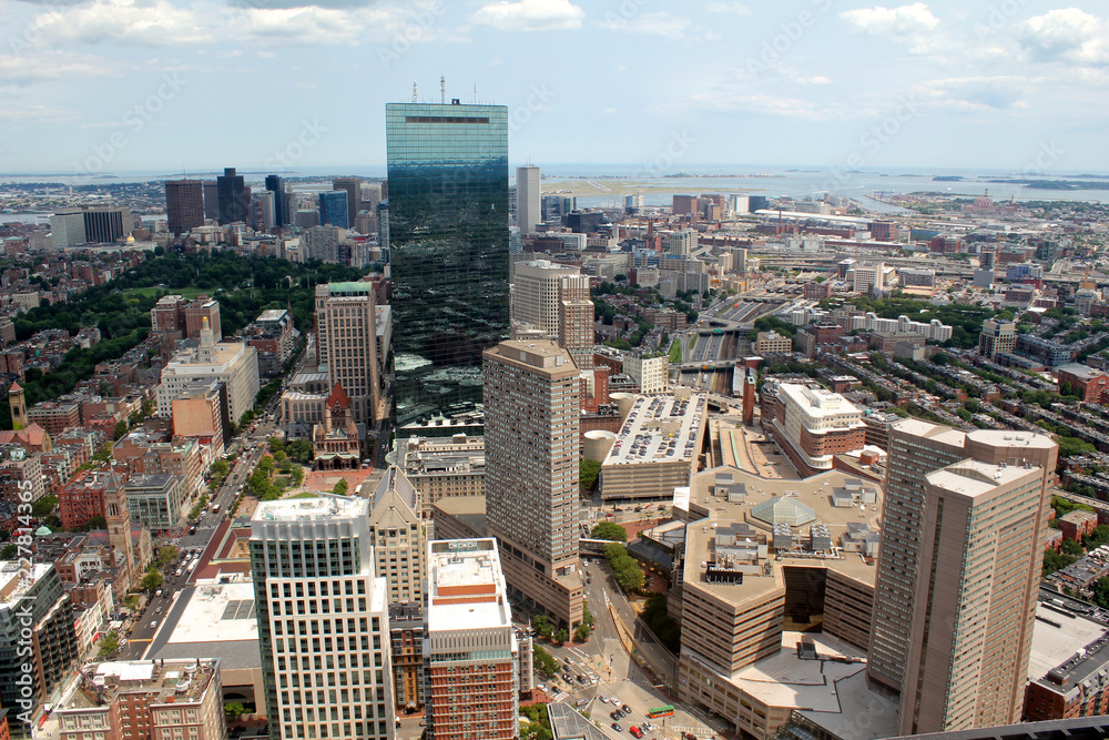 Boston, Massachusetts, USA city skyline aerial panorama view with urban buildings midtown