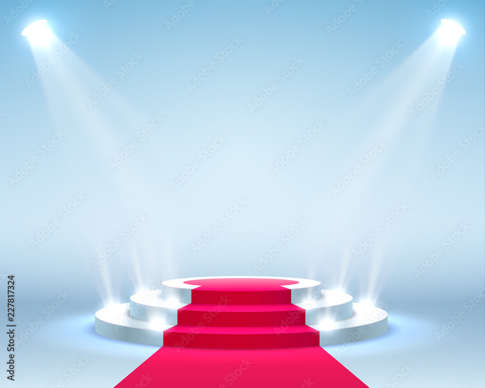Fototapeta premium Stage podium with lighting, Stage Podium Scene with for Award Ceremony on blue Background, Vector illustration