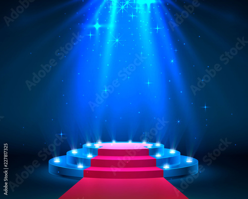 Stage podium with lighting, Stage Podium Scene with for Award Ceremony on blue Background, Vector illustration