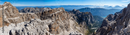 Panoramic view of famous Dolomites mountain peaks, Brenta. Trentino, Italy