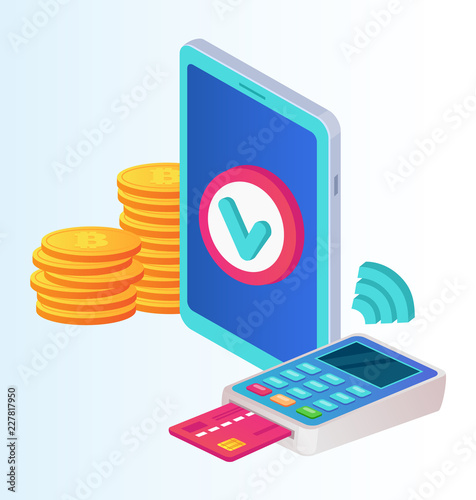 Payment terminal with green check mark and receipt and smartphone. Approved transaction successful online mobile payment system. Vector flat cartoon isolated graphic design illustration