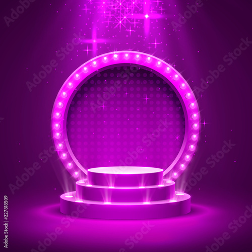 Stage podium with lighting, Stage Podium Scene with for Award Ceremony on purple Background. Vector illustration