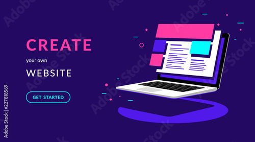Create your own website flat vector neon illustration for web banner with text and button. Isometric laptop with templates for developing corporate website or online shop on violet background