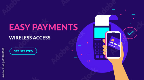 Pay by credit card in your mobile wallet wirelessly and easy flat vector neon illustration for web banner. Illustration of wireless mobile payment by phone connected credit card via POS terminal.