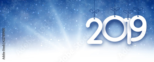 Blue shiny 2019 New Year banner with snow.