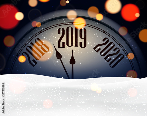 Happy New Year 2019 card with clock and snow.