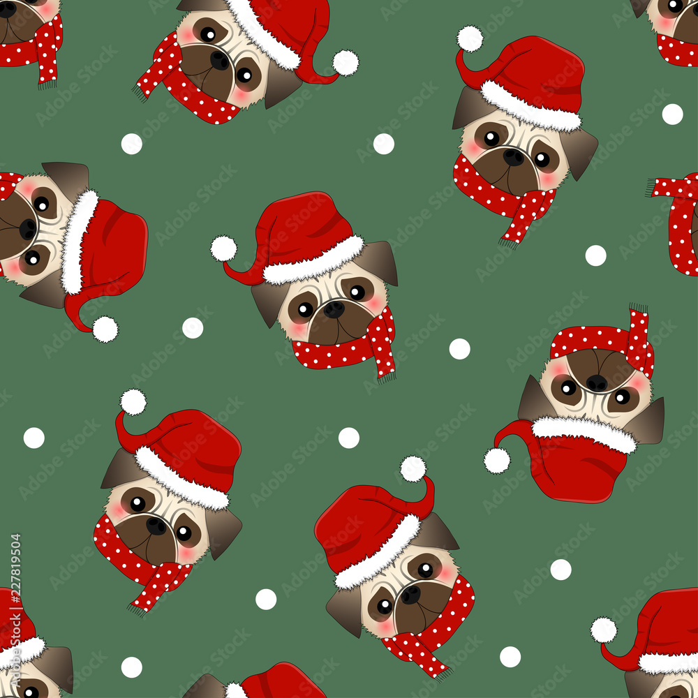 Pug Santa Claus Dog with Red Scarf on Green Background