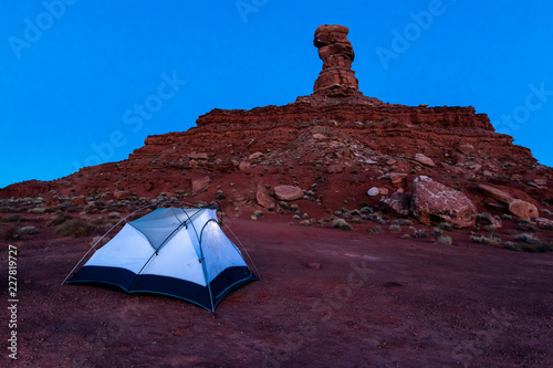 Tent and camping at butte and monument in Valley of the Gods in Southeast Utah