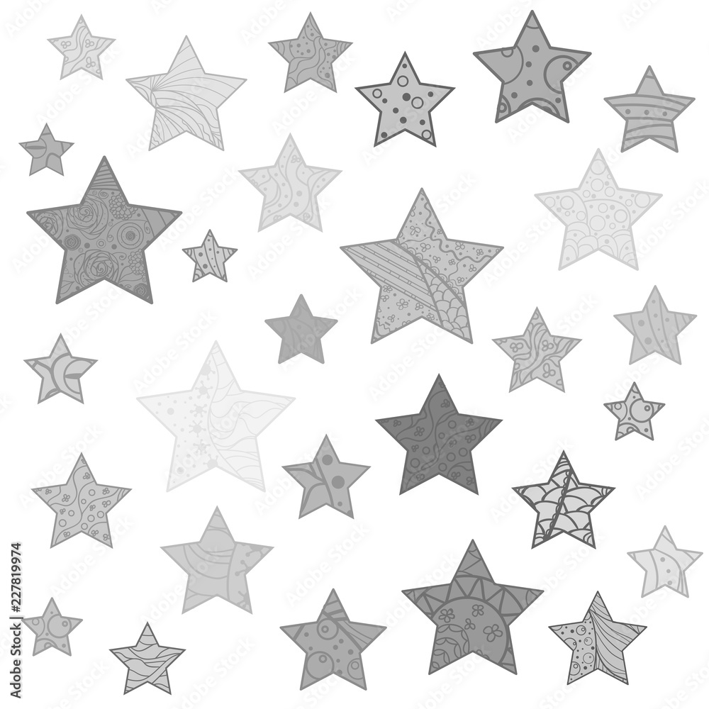 Set of silver stars. Abstract intricate patterns on isolated background. Design for spiritual relaxation for adults. Zen art. Zentangle. Print for polygraphy, posters, t-shirts and textiles Set of silver stars. Abstract intricate patterns on isolated background. Design for spiritual relaxation for adults. Zen art. Zentangle. Print for polygraphy, posters, t-shirts and textiles