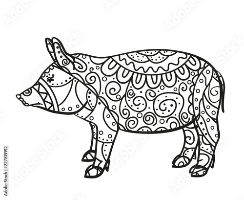 Pig on white. Zen art. Zentangle. Hand drawn animal with intricate patterns on isolated background. Design for spiritual relaxation for adults. Black and white illustration. Printing on flyers