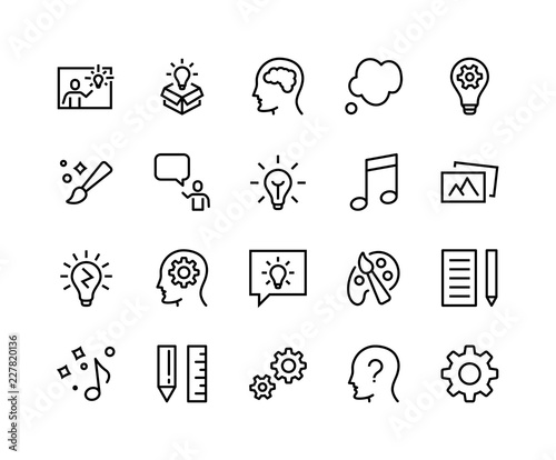 Simple Set of Creativity Related Vector Line Icons. Contains such Icons as Inspiration, Idea, Brain, Teacher, Music, Lamp, Gears, Bubble, Draw, Photo and more. Editable Stroke. 48x48 Pixel Perfect