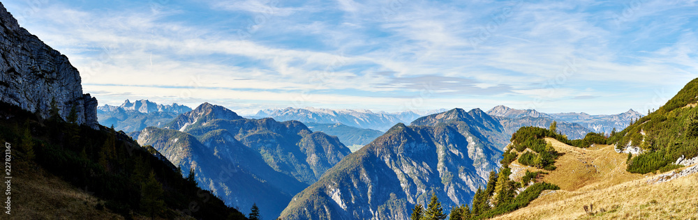 A Big panoramic photo of the Austrian alps. Salzkammergut region.