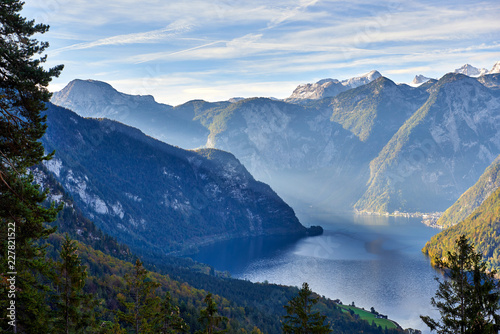 Beautiful autumn landscape of Hallstatter lake in the water in Austrian Alps. Salzkammergut region, Austria