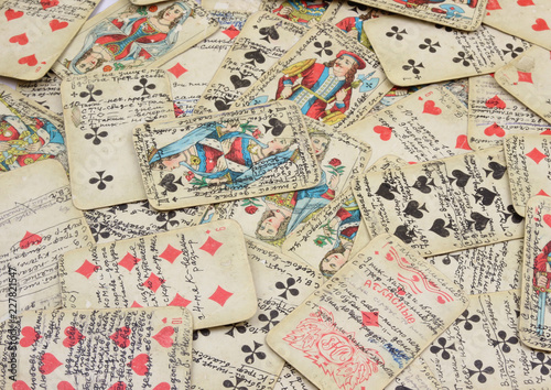 old fortune-telling maps with text explanation of what will happen. Fortune teller woman predicting future from cards