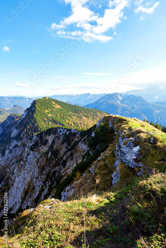Mountain landscape with forest and blue sky in Austrian Alps. Salzkammergut region