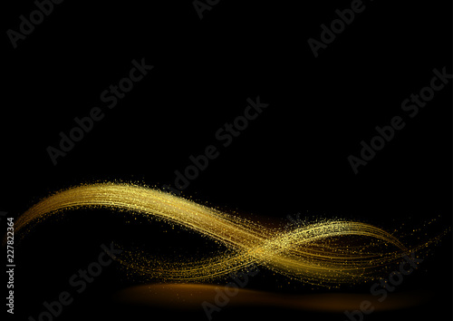 Abstract Shiny Gold Waves on Dark Background with Glitter Effect - Colored Illustration, Vector